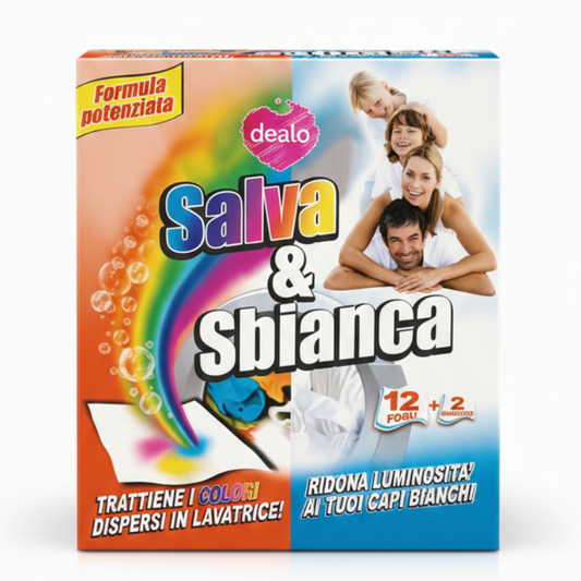Dealo Salva & Sbianca – 14 Fogli (12+2 Omaggio) – Acchiappacolore e Sbiancante per Bucato – Formula Potenziata Doppia Azione
