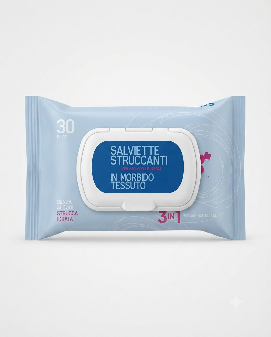 Salviette struccanti Dealo 3 in 1 30 pezzi, morbido tessuto per rimozione make-up viso, occhi e labbra.