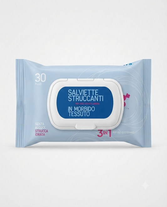 Salviette struccanti Dealo 3 in 1 30 pezzi, morbido tessuto per rimozione make-up viso, occhi e labbra.