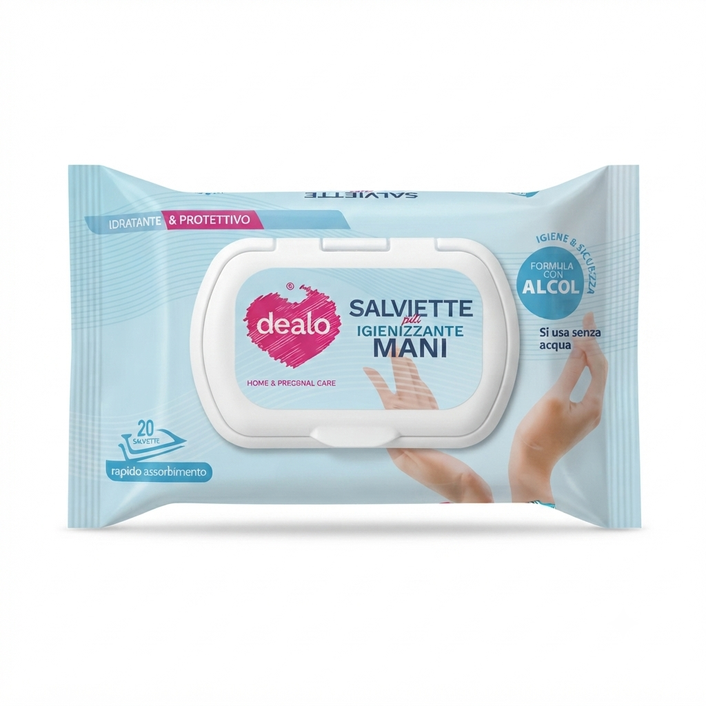 Salviette igienizzanti mani Dealo 20 pezzi con alcol, azione idratante e protettiva, senza risciacquo.