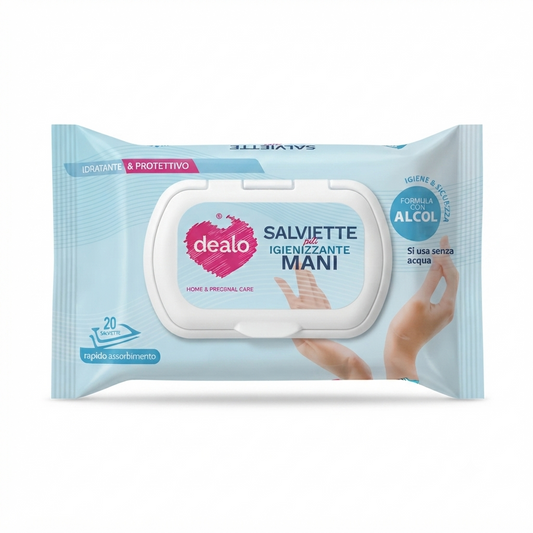 Salviette igienizzanti mani Dealo 20 pezzi con alcol, azione idratante e protettiva, senza risciacquo.