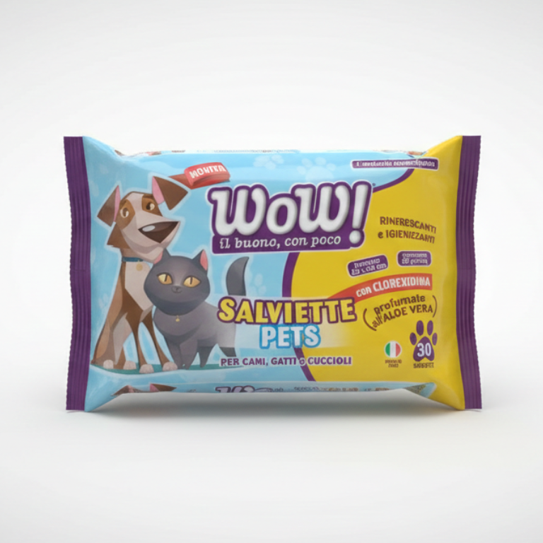 WOW! Salviette Igienizzanti Cani e Gatti 30 Pezzi | Con Clorexidina Azione Antigermi | Senza Alcool per Cuccioli e Pelli Sensibili | Pulizia Zampe, Pelo e Muso