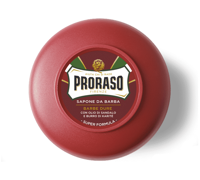 Proraso Sapone da Barba Linea Rossa 150ml in ciotola, sapone da barba professionale per barbe dure e folte con Burro di Karité e Olio di Sandalo, schiuma cremosa nutriente ed emolliente per una rasatura tradizionale confortevole e precisa.