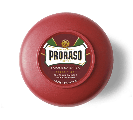 Proraso Sapone da Barba Linea Rossa 150ml in ciotola, sapone da barba professionale per barbe dure e folte con Burro di Karité e Olio di Sandalo, schiuma cremosa nutriente ed emolliente per una rasatura tradizionale confortevole e precisa.