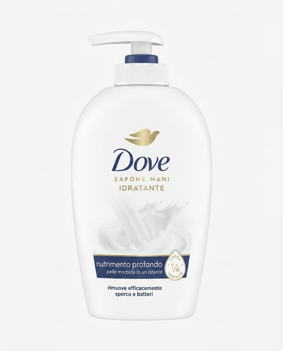 Dove Sapone Liquido Mani Idratante Nutrimento Profondo 250 ml con 1/4 di crema idratante, uso quotidiano.
