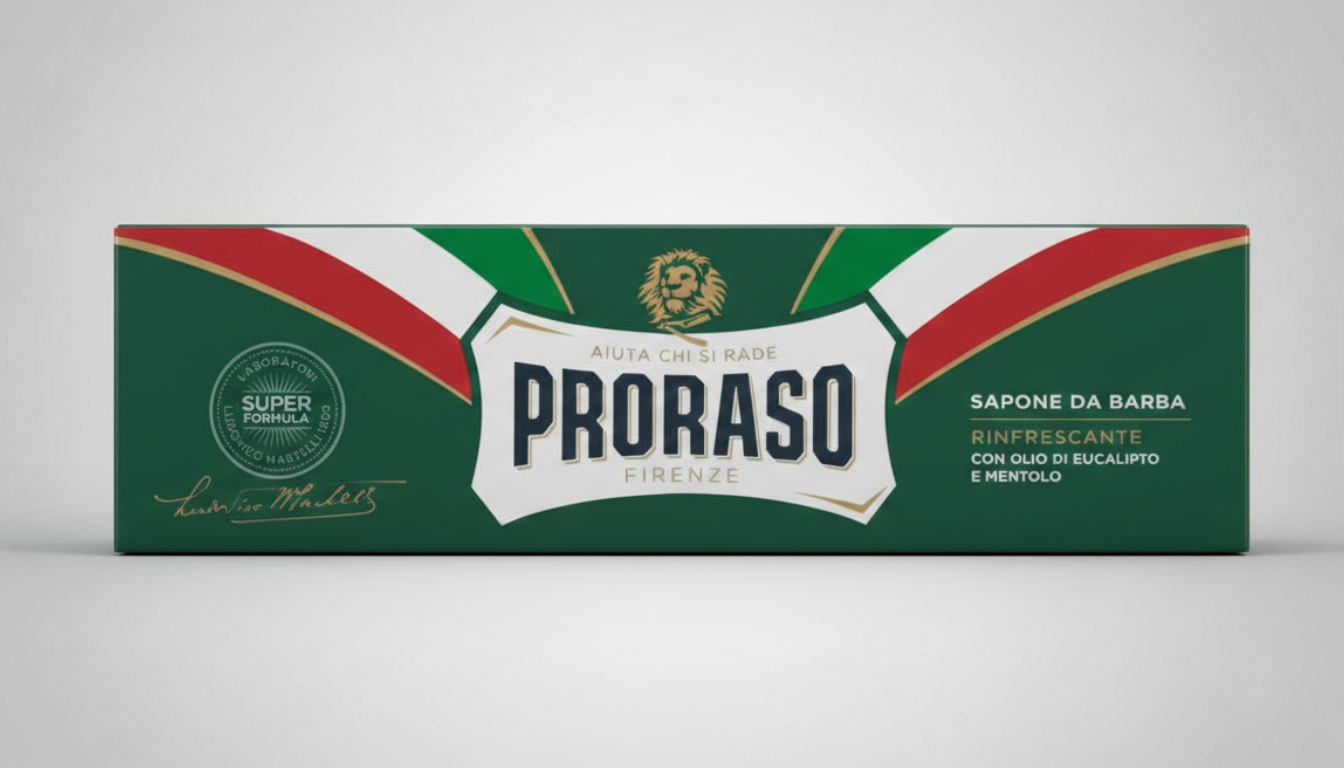 Sapone da barba Proraso Linea Verde in tubo da 150ml, crema da rasatura con olio di eucalipto e mentolo, formulata per creare una schiuma ricca e cremosa, ideale per una rasatura tradizionale rinfrescante, tonificante e confortevole per tutti i tipi di barba.