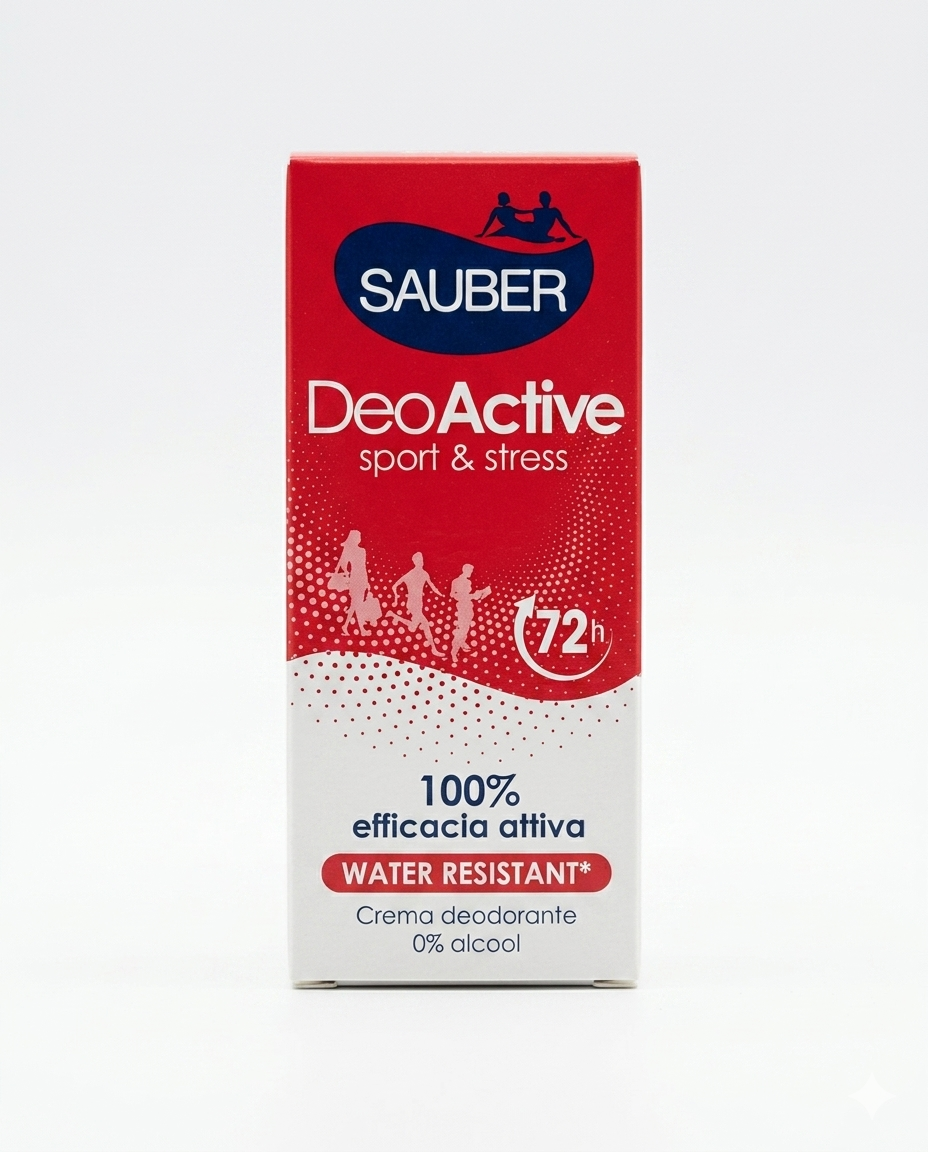 Deodorante Sauber DeoActive Crema Sport & Stress 72h 35 ml, protezione anti-odore senza alcool resistente all’acqua.