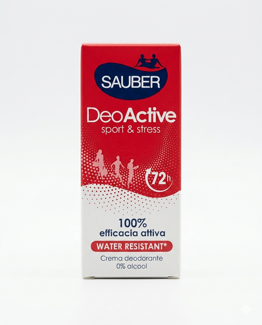 Deodorante Sauber DeoActive Crema Sport & Stress 72h 35 ml, protezione anti-odore senza alcool resistente all’acqua.