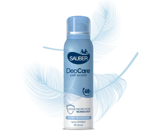 Sauber DeoCare Spray 150ml – 48h Protezione Anti-Macchie – Con Attivi Postbiotici – Per Pelli Sensibili & Sudorazione Problematica