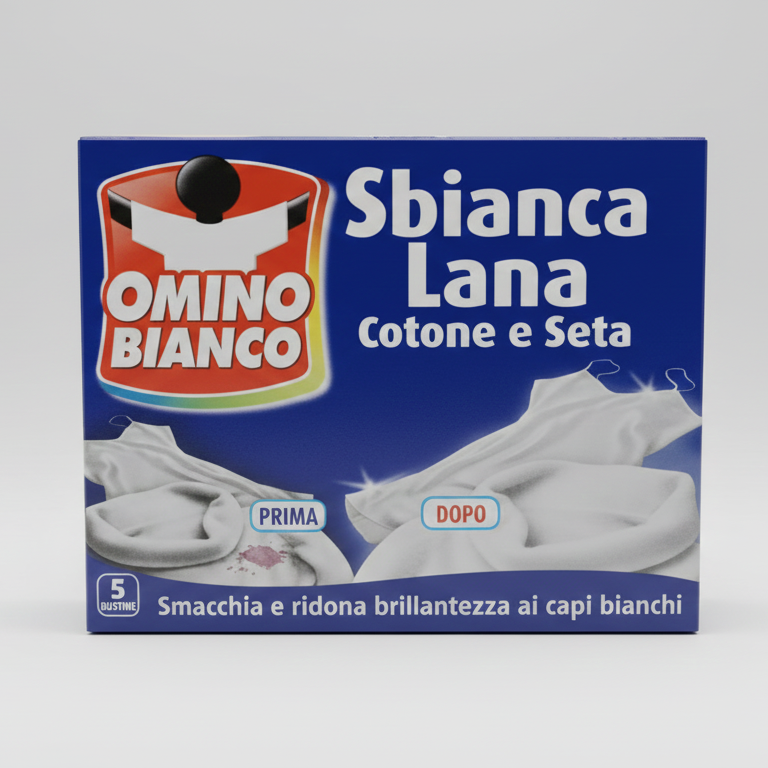 Omino Bianco Sbianca Lana e Delicati | 5 Buste Monodose | Azione Anti-Ingiallimento per Lana, Seta e Lino | Protegge e Rigenera