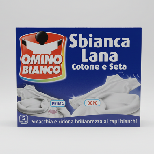 Omino Bianco Sbianca Lana e Delicati | 5 Buste Monodose | Azione Anti-Ingiallimento per Lana, Seta e Lino | Protegge e Rigenera
