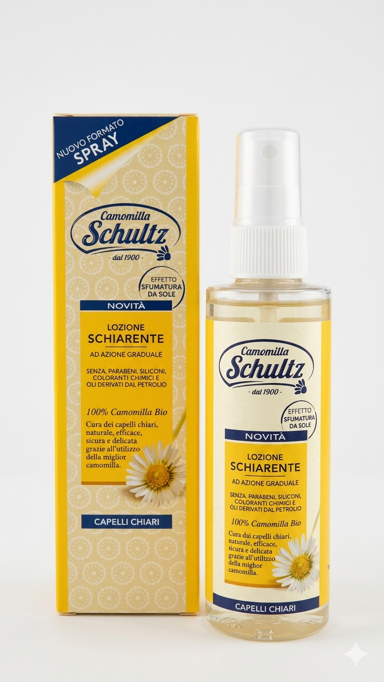 Schultz Lozione Schiarente Camomilla Spray 150 ml | Azione Graduale Effetto Sfumatura da Sole | 100% Camomilla Bio | Senza Parabeni, Siliconi e Coloranti Chimici