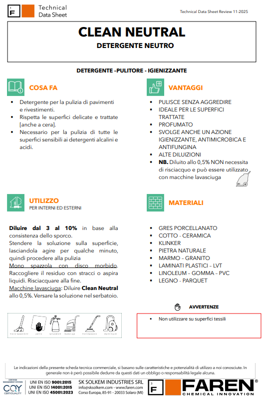 FAREN PRO Clean Neutral Detergente Neutro Universale | Senza Risciacquo | Per Marmo, Grès, Legno e Laminato | Pulizia Ordinaria Professionale | 1lt