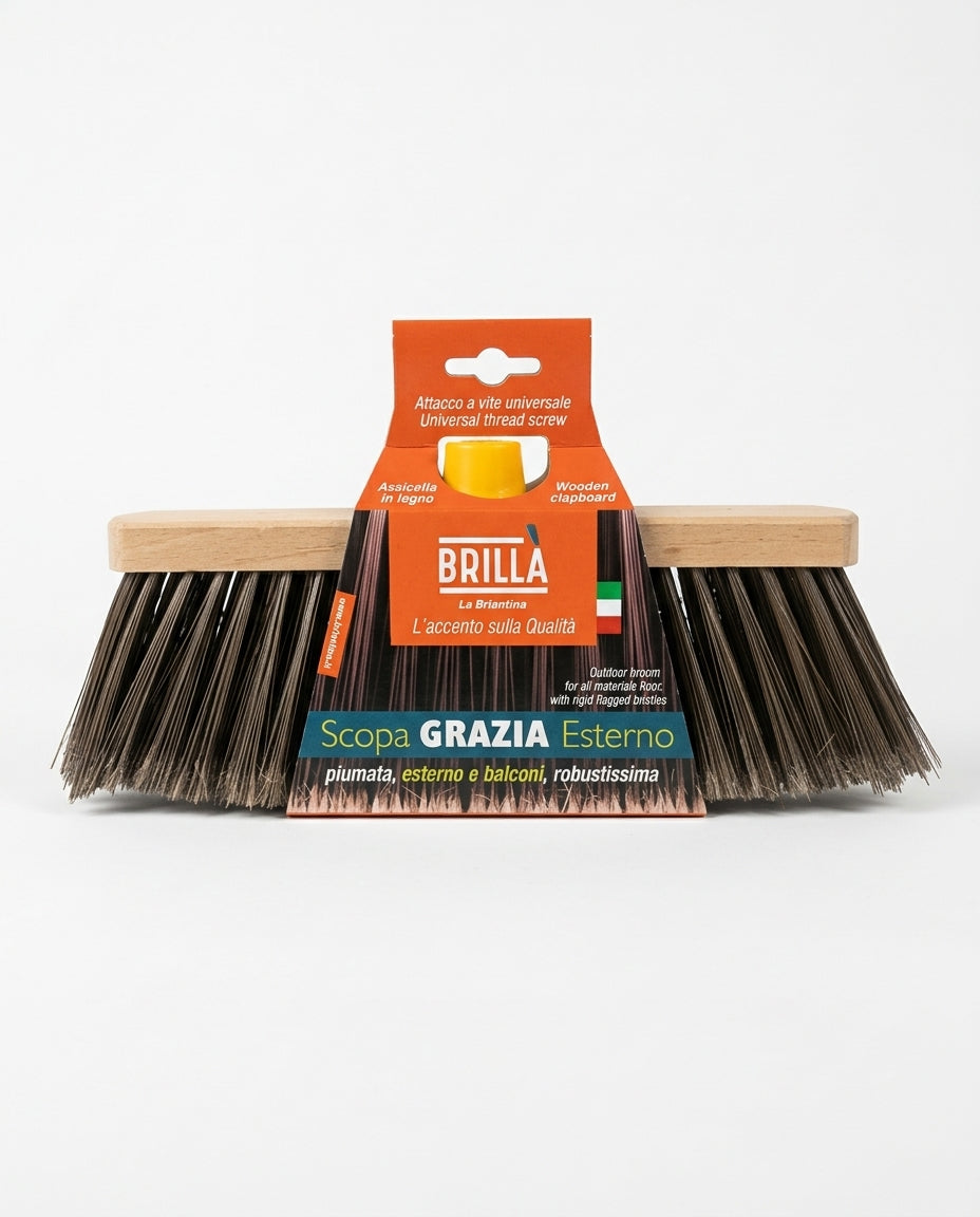 BRILLA La Briantina Scopa Grazia Esterno 1 Pezzo | Setole Rigide, Fittissime e Micropiumate | Assicella in Legno | Per Cortili, Balconi e Giardini | Made in Italy