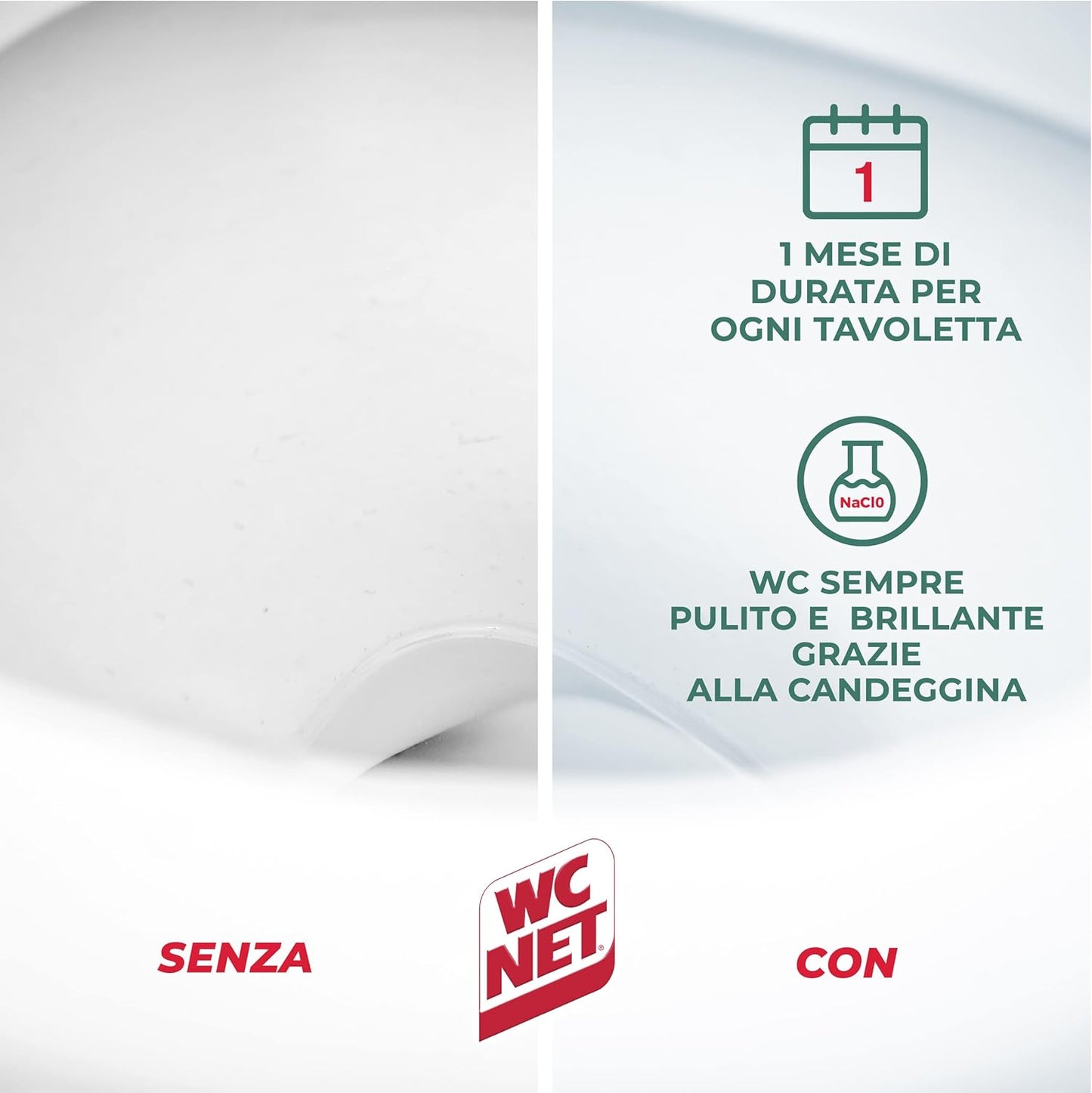 WC Net Tavoletta WC con Candeggina (2 Pezzi) | Azione Sbiancante 3in1 | Igienizza 100% | Rimuove Germi e Batteri | Brillantezza Duratura