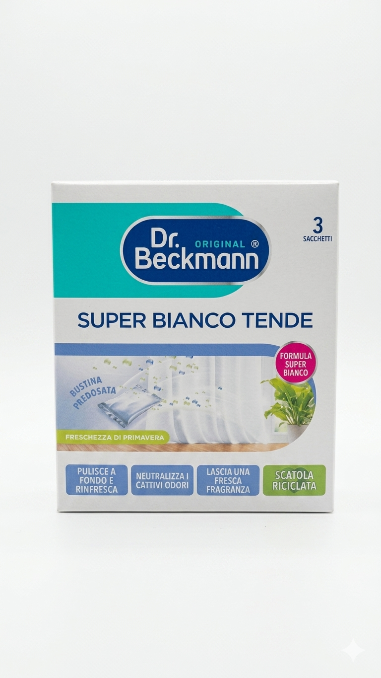Dr. Beckmann Super Bianco Tende | Additivo Sbiancante con Formula Neutralizza Odori | Confezione 3 Sacchetti Predosati da 40g | Freschezza di Primavera