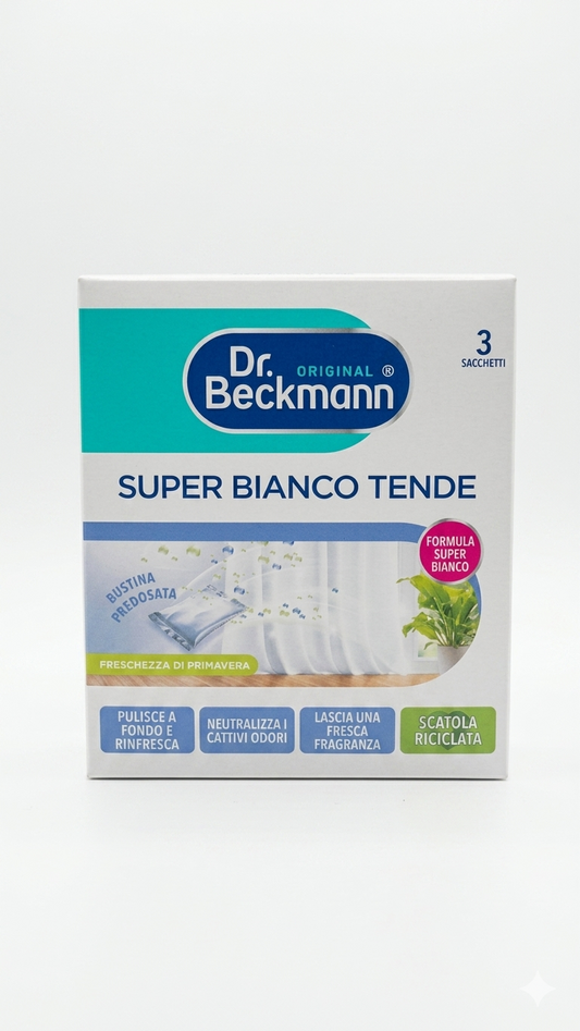 Dr. Beckmann Super Bianco Tende | Additivo Sbiancante con Formula Neutralizza Odori | Confezione 3 Sacchetti Predosati da 40g | Freschezza di Primavera