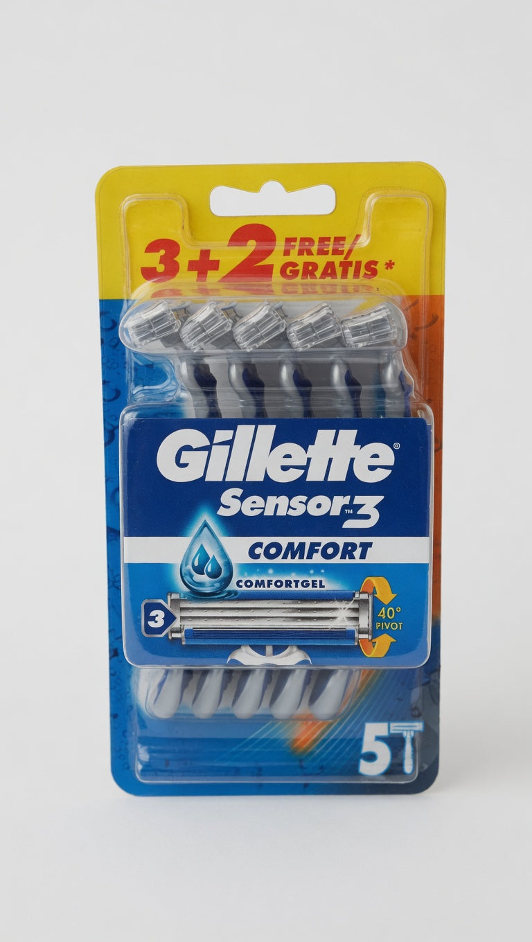 Gillette Sensor3 Comfort Rasoio Uomo Usa e Getta | Confezione 5 Pezzi (3+2 Gratis) | 3 Lame con Tecnologia ComfortGel