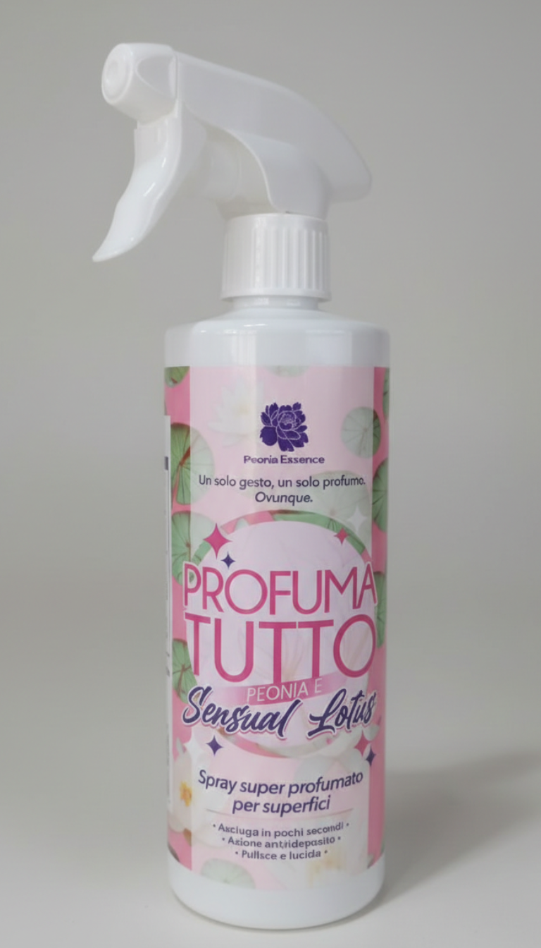 Peonia Essence Profumatutto Spray 480ml – Pulitore Multiuso Profumato per Superfici e Tessuti ad Asciugatura Rapida – Disponibile in 6 Fragranze