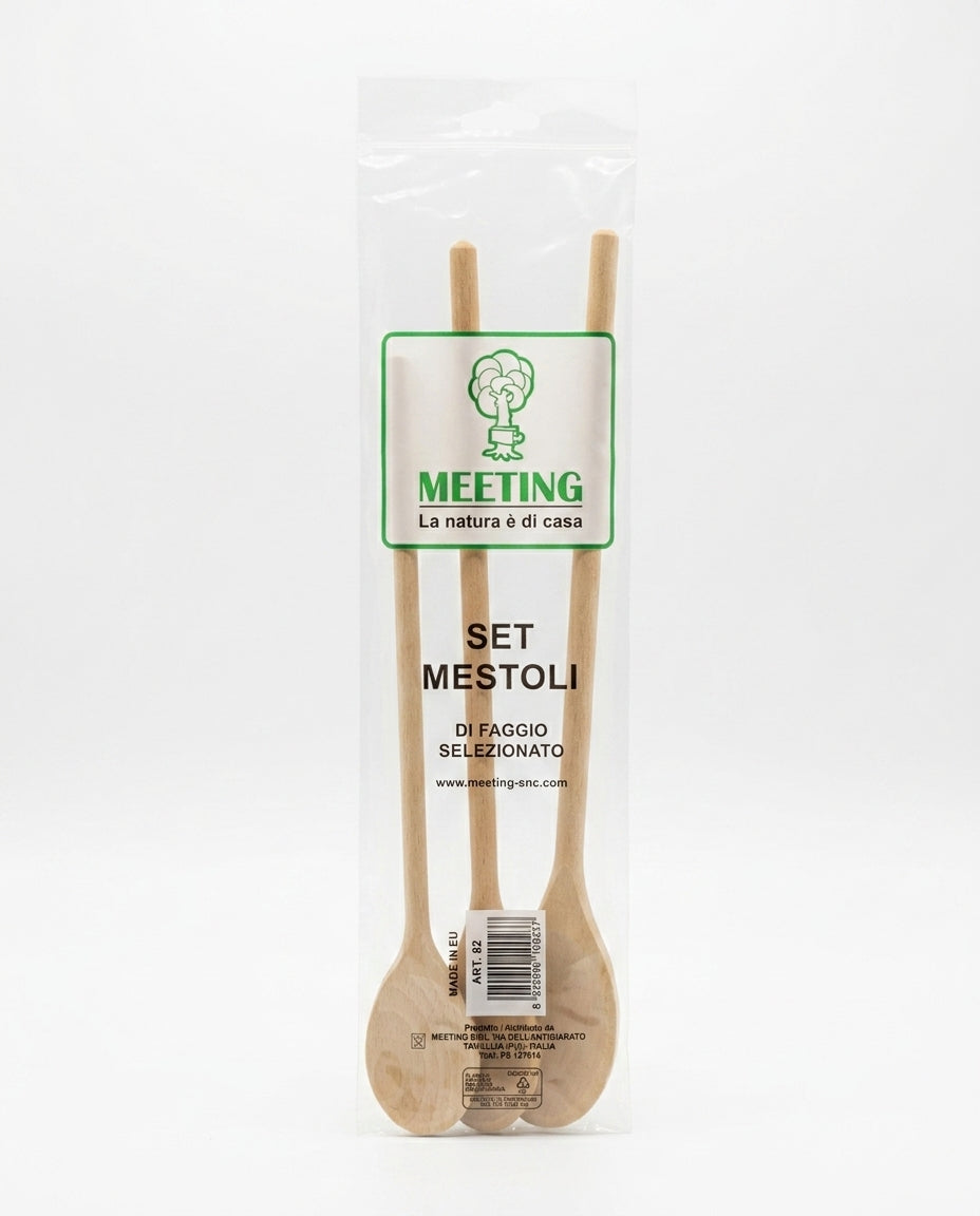 MEETING Set 3 Cucchiai in Legno di Faggio Art. 82, misure 25, 30 e 35 cm, utensili da cucina naturali ideali per mescolare e cucinare senza graffiare le superfici antiaderenti, Made in EU.