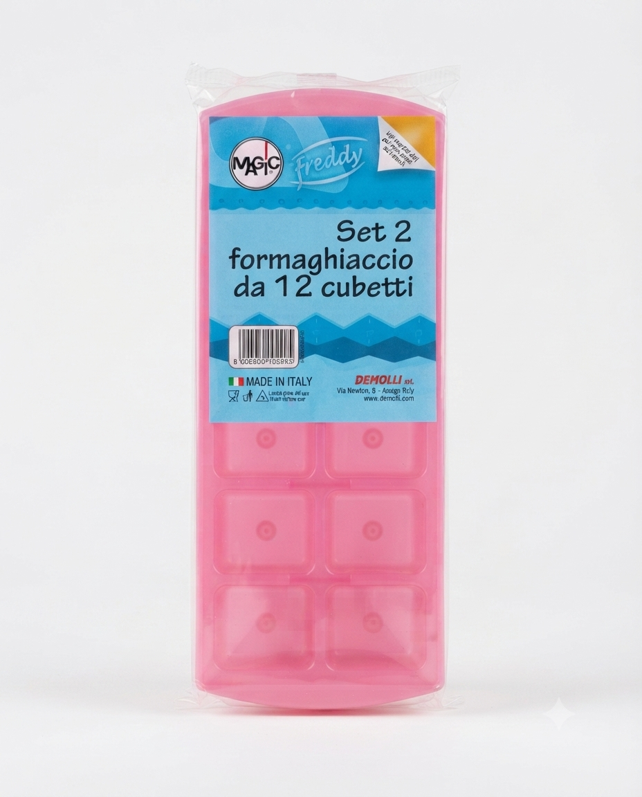 Set 2 vaschette ghiaccio Demolli Magic Freddy 12 cubetti, formaghiaccio impilabili per freezer, colori assortiti.