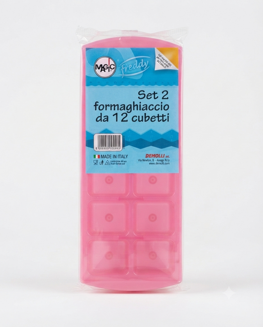 Set 2 vaschette ghiaccio Demolli Magic Freddy 12 cubetti, formaghiaccio impilabili per freezer, colori assortiti.