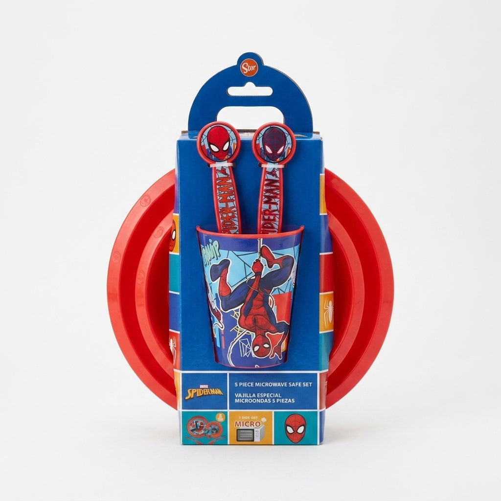 Set Pappa Marvel Spiderman 5 pezzi, set pranzo completo per bambini con piatto piano, piatto fondo, bicchiere e posate, in plastica sicura e resistente BPA Free.