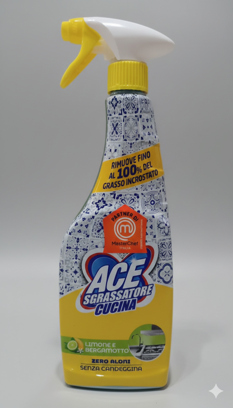 ACE Sgrassatore Cucina Professionale | 600ml | 100% Senza Candeggina | Potere Sgrassante su Incrostazioni e Grasso Ostinato | Fragranza Limone & Bergamotto