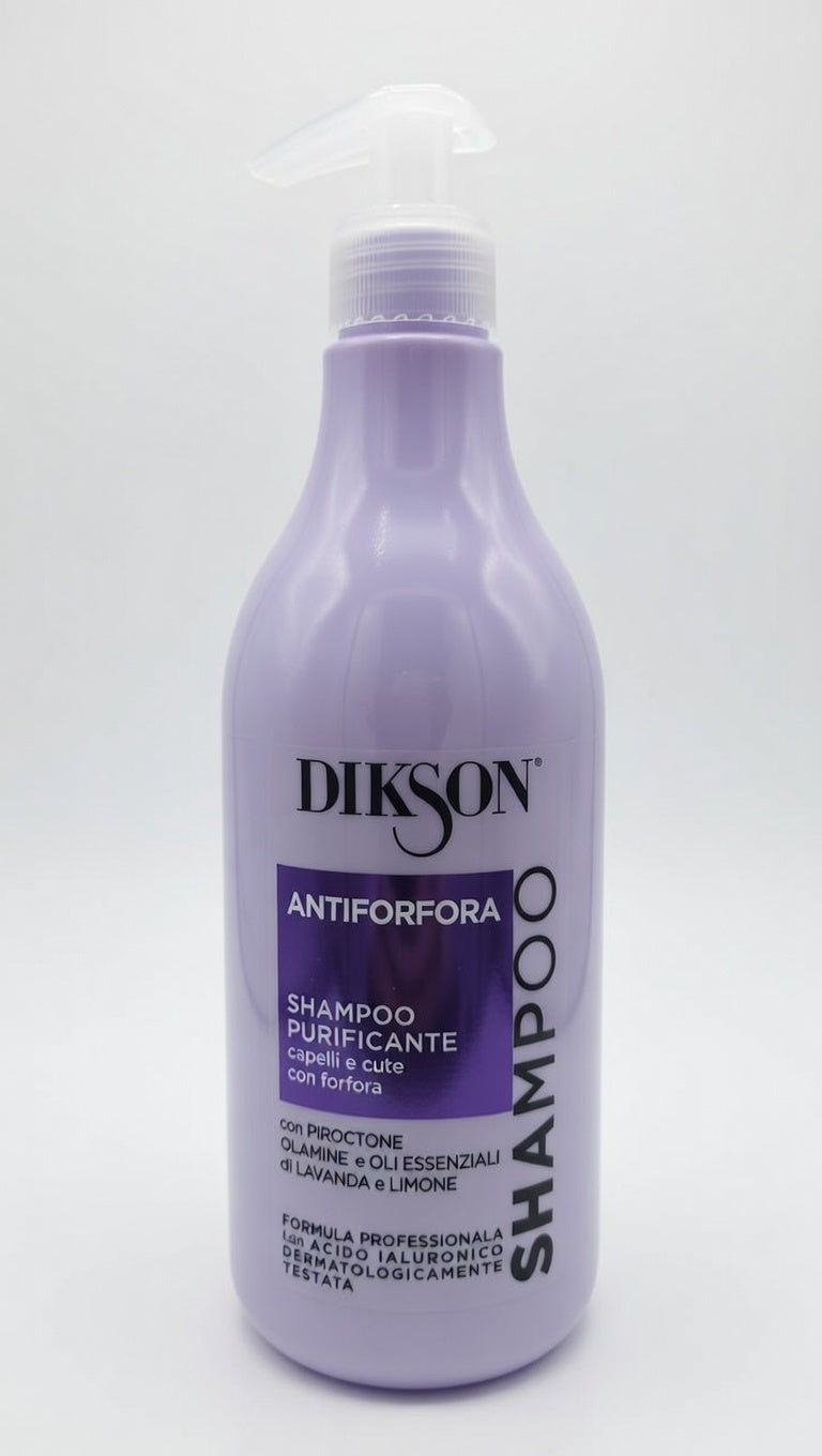 Flacone di Dikson Shampoo Antiforfora 500ml con dosatore, trattamento purificante per cute con forfora e sebo in eccesso, con piroctone olamine, lavanda e limone.