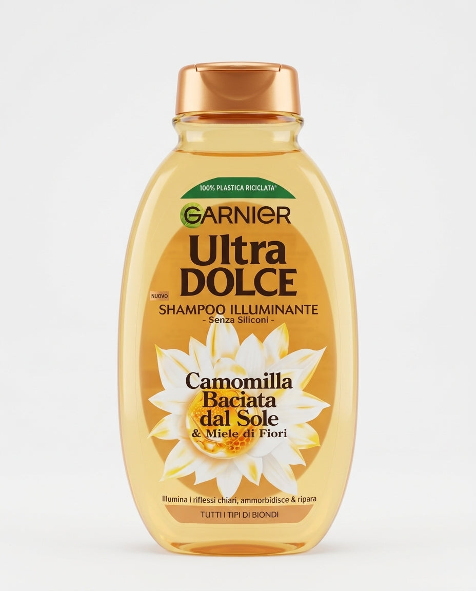 Garnier Ultra Dolce Shampoo Illuminante Camomilla e Miele 250 ml | 94% Ingredienti di Origine Naturale | Senza Siliconi | Per Capelli Biondi | Riflessi Luminosi