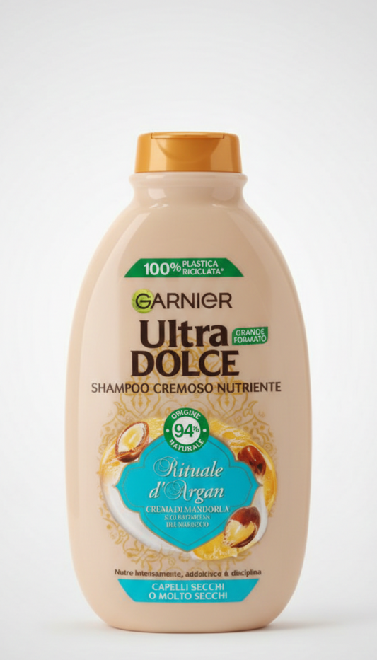 Garnier Ultra Dolce Shampoo Crema Nutrizione Rituale d’Argan 400 ml, formula vegan senza siliconi per capelli secchi e indisciplinati, deterge delicatamente, aiuta a nutrire la fibra capillare e lascia i capelli morbidi, disciplinati e luminosi.