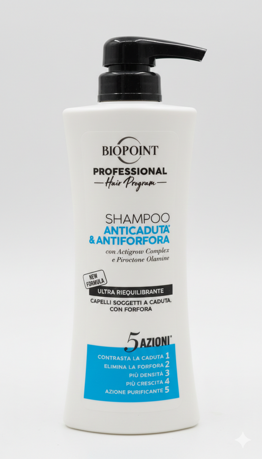 Biopoint Professional Shampoo Anticaduta & Antiforfora 400ml con Actigrow Complex e Piroctone Olamine, aiuta a ridurre la forfora e rinforza i capelli fragili dalla radice.