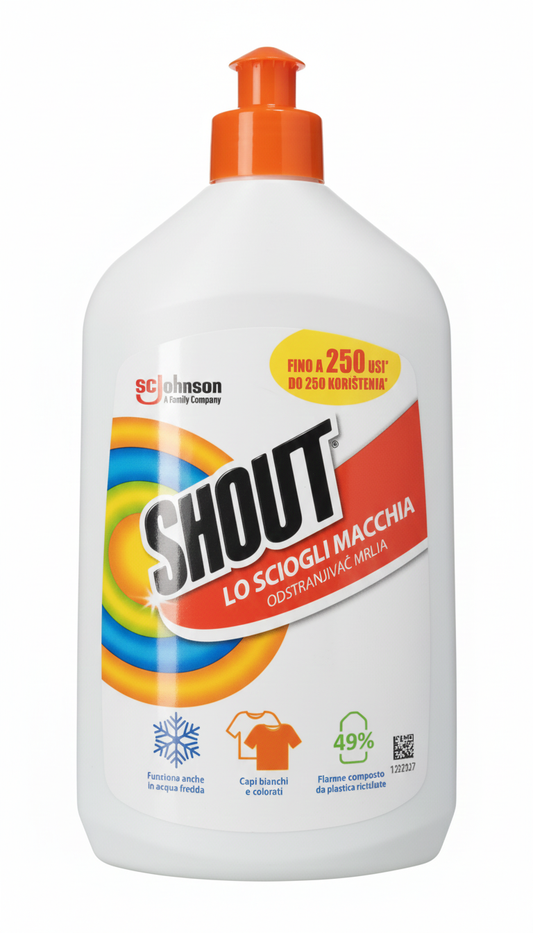 Shout Lo Sciogli Macchia Liquido 500ml | Pretrattante e Booster Lavatrice | Efficace su Erba, Olio e Vino | Attivo a Freddo