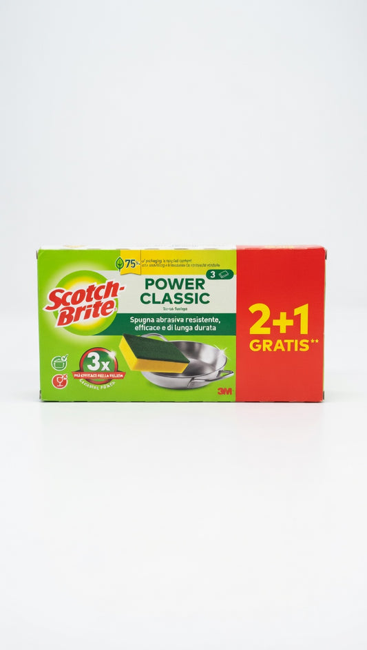 Scotch-Brite Spugna Abrasiva Classic 2+1 Gratis, spugna con fibra verde ultra-resistente 3M ad alto potere abrasivo, ideale per rimuovere sporco ostinato, incrostazioni e grasso da pentole, padelle, griglie e utensili da cucina, garantendo una pulizia profonda e duratura.