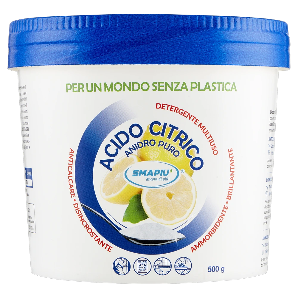SMAPIÙ Acido Citrico Anidro Puro 500g | Anticalcare, Ammorbidente e Brillantante Ecologico | 100% Plastic-Free