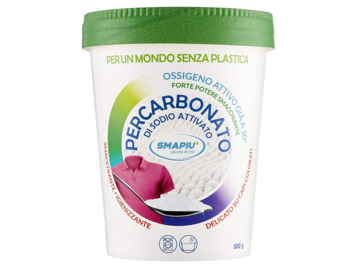 SMAPIÙ Percarbonato di Sodio Attivato 500g – Smacchiante e Igienizzante a Ossigeno Attivo per Capi Bianchi e Colorati – Efficace a 30°C – Eco-Friendly Plastic-Free