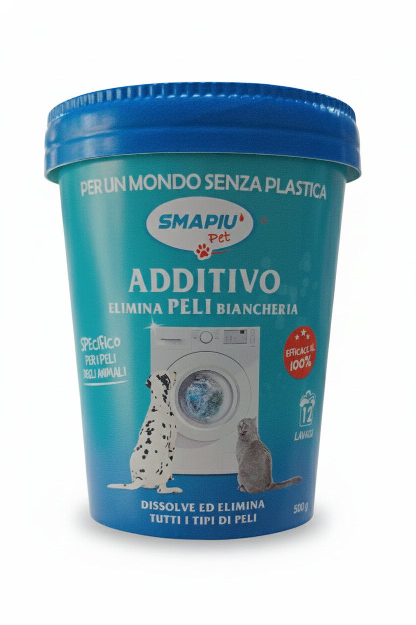 SMAPIÙ Additivo Sciogli-Peli Lavatrice 500g | Elimina Peli di Cani e Gatti | Igienizzante Ossigeno Attivo | Confezione Plastic-Free