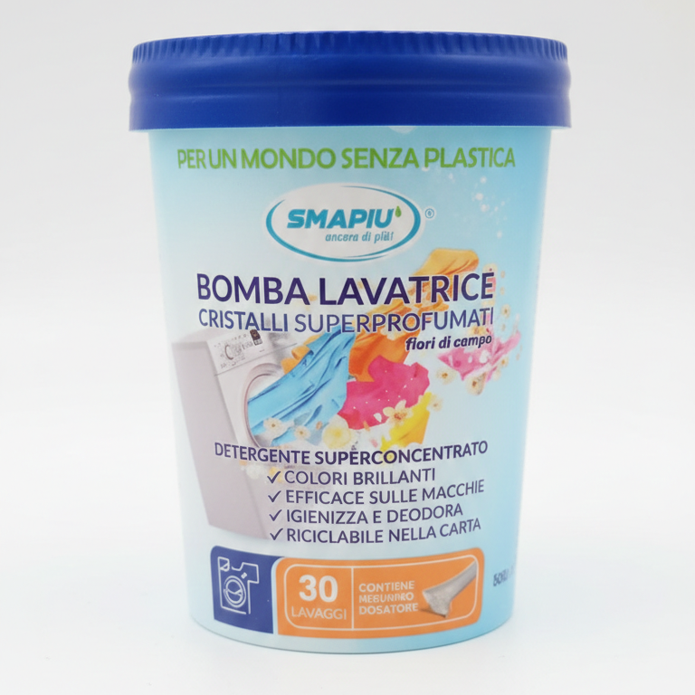 SmaPiù Bomba Lavatrice Cristalli Superprofumati 500g | Detersivo Igienizzante 30 Lavaggi | 100% Plastic Free | Fragranza Fiori di Campo