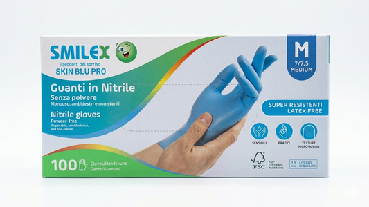 Smilex Skin Blu Pro Guanti in Nitrile Senza Polvere Misura M | 100 Pezzi | Super Resistenti, Latex Free e Professionali
