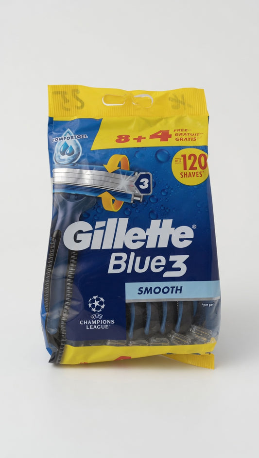 Gillette Blue 3 Smooth Rasoio Usa e Getta | Confezione Risparmio 12 Pezzi (8+4 Gratis) | Fino a 120 Rasature Confortevoli