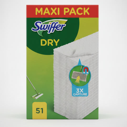 Swiffer Ricambi Panni Dry Maxi Pack 51 Pezzi – Tecnologia 3X Capture per Polvere, Peli e Capelli