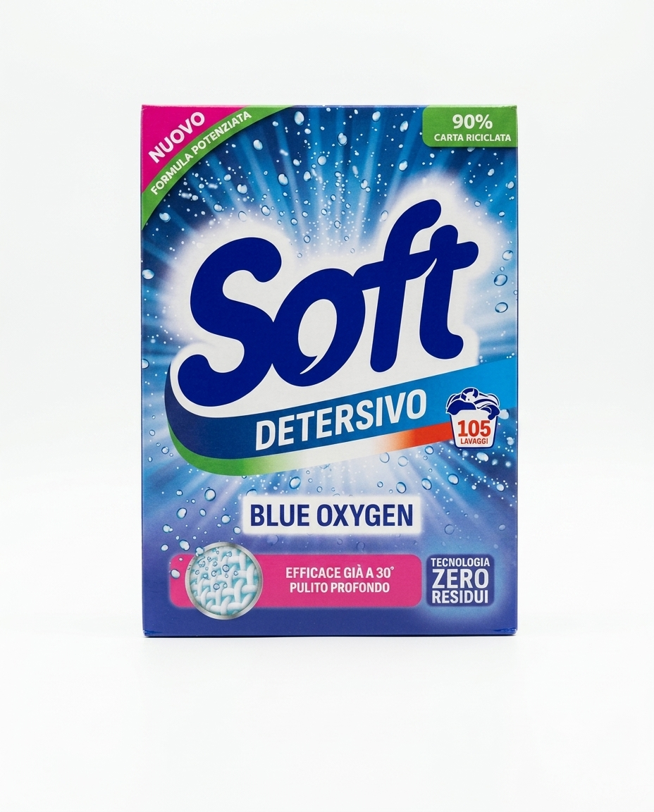 Soft Detersivo Lavatrice in Polvere Blue Oxygen Fusto Maxi 105 Lavaggi 5,250kg Cartone – Igienizzante Smacchiante Bianchi Brillanti Senza Candeggina