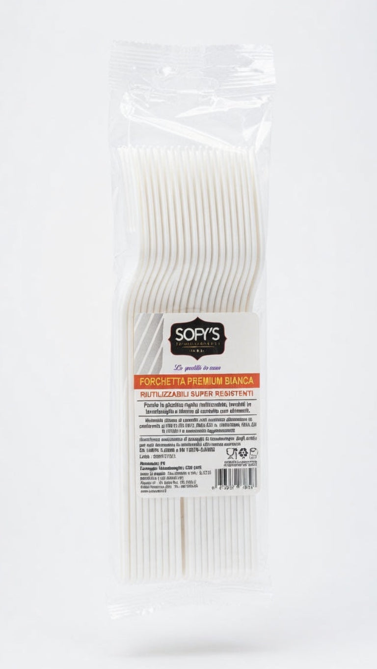 SOFY'S Forchetta Premium Bianca Riutilizzabile | 20 Pezzi | Plastica Rigida Super Resistente | Lavabile in Lavastoviglie