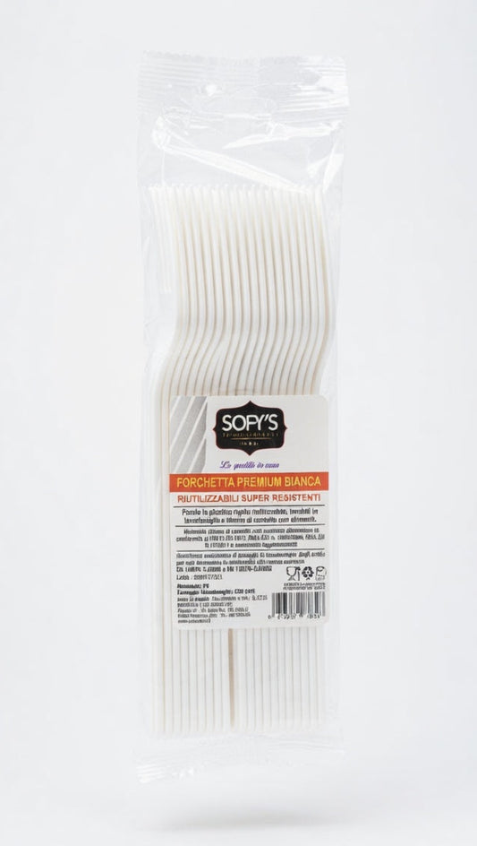 SOFY'S Forchetta Premium Bianca Riutilizzabile | 20 Pezzi | Plastica Rigida Super Resistente | Lavabile in Lavastoviglie
