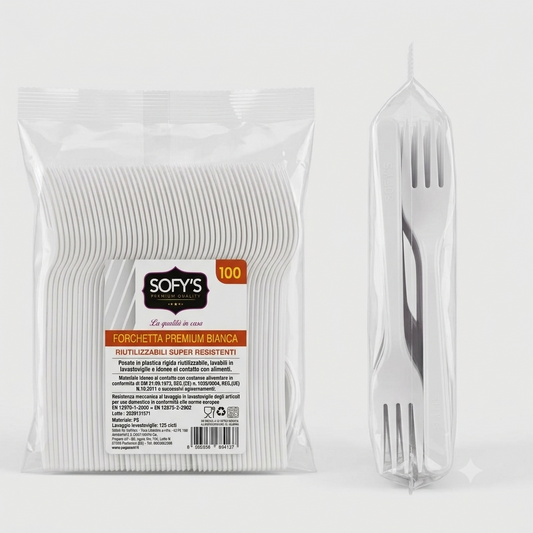 Sofy's Forchette Premium Bianche Riutilizzabili 100 pezzi, posate in plastica rigida resistenti e lavabili in lavastoviglie, ideali per feste, catering, eventi e uso quotidiano.