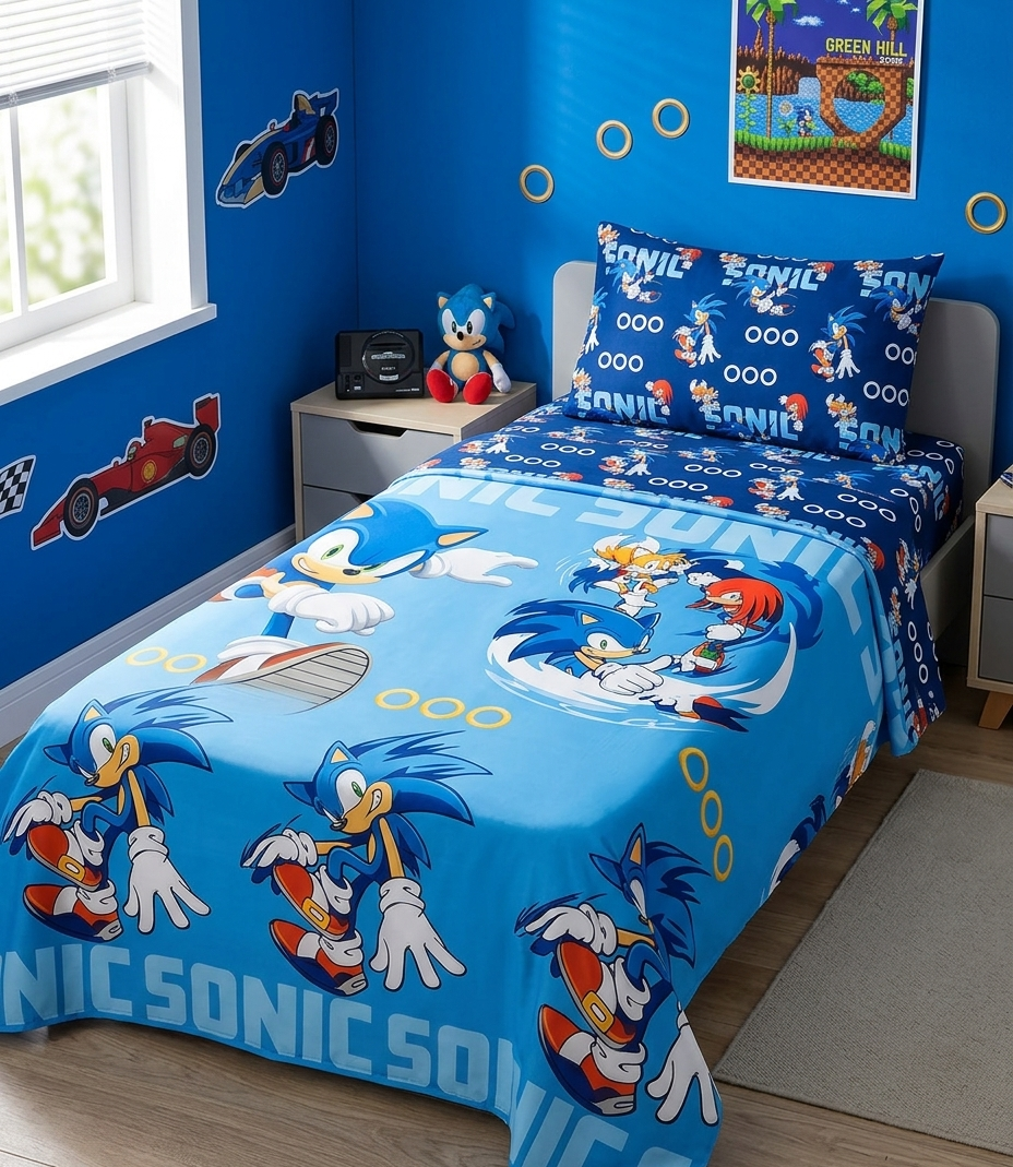 Sonic The Hedgehog Completo Letto Singolo 3 Pezzi in 100% Cotone Originale SEGA Lenzuolo Sopra Sotto con Angoli e Federa Avella Magazzini
