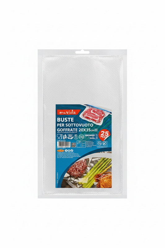 Movida Buste per Sottovuoto Goffrate 20x35 cm | Set 25 Pezzi | Alta Resistenza per Frigo e Freezer | Compatibilità Universale
