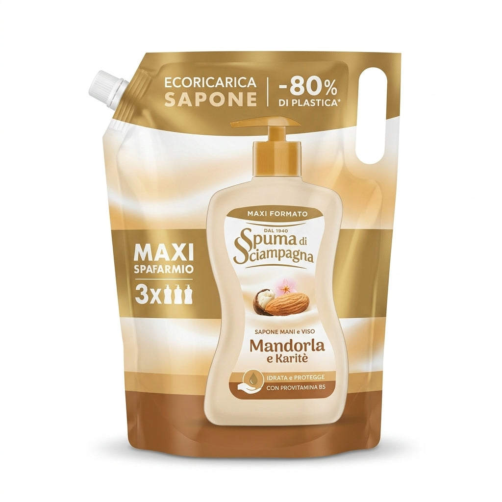 Spuma di Sciampagna Ecoricarica Sapone Mani 1300ml | Con Antibatterico Naturale | 4 Varianti | -80% Plastica