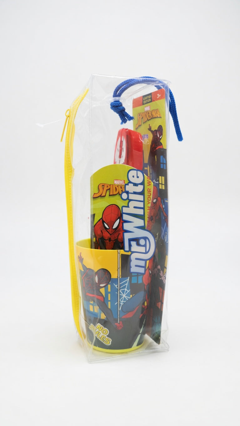Spider-Man Kit Igiene Orale Completo in Pochette | Spazzolino con Ventosa | Dentifricio 75ml Menta Delicata | Bicchiere e Coprisetole | Kit Viaggio Bambino