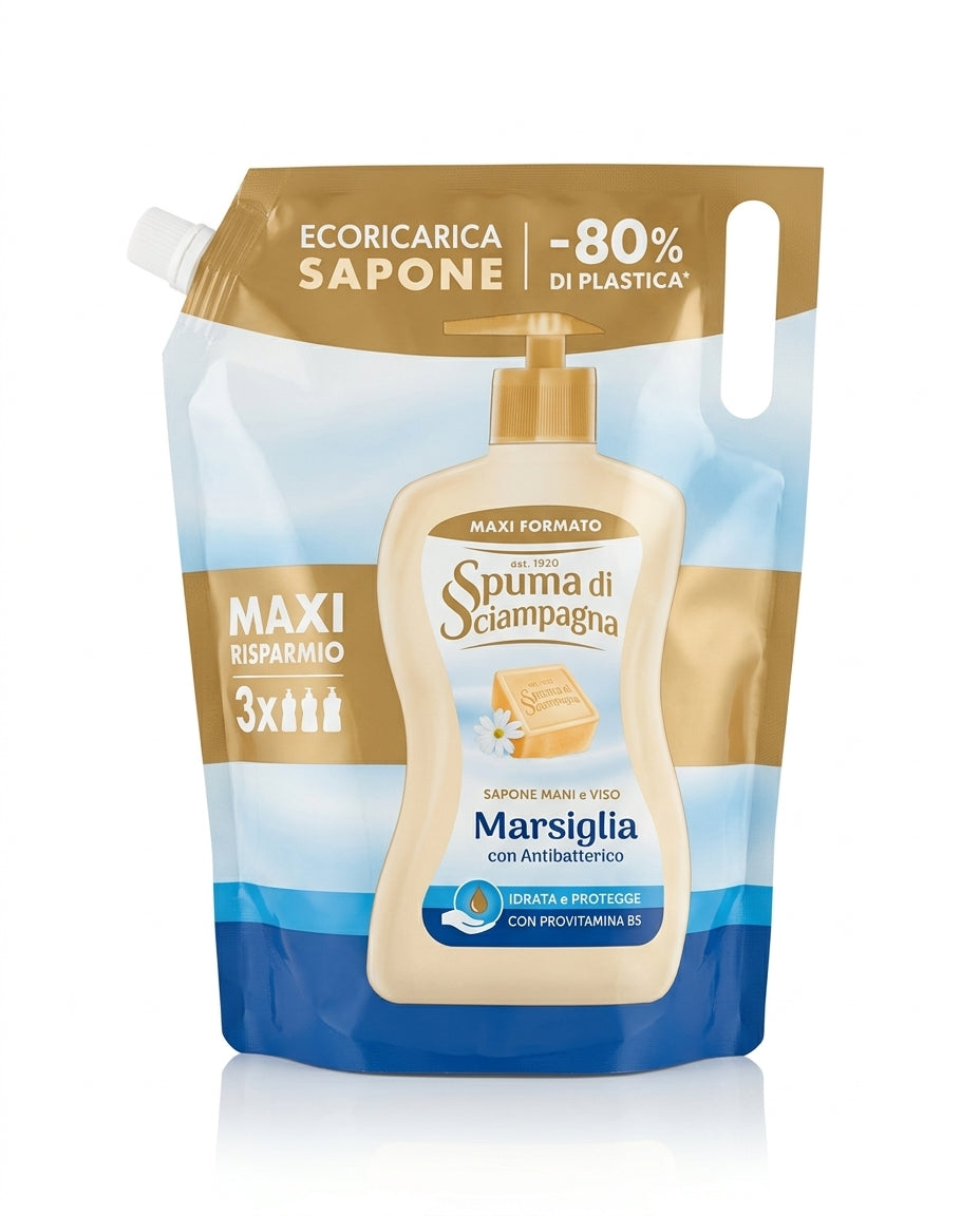 Spuma di Sciampagna Ecoricarica Sapone Mani 1300ml | Con Antibatterico Naturale | 4 Varianti | -80% Plastica